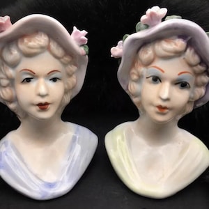Vintage Porcelain Head Vases Sisters in Pink/Purple Hats W/ Flowers Victorian Style