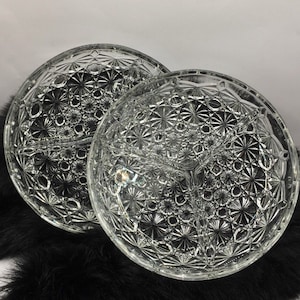 Pair of Vintage Daisy & Button Round Glass Divided 3 Way Relish Dishes
