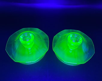 Depression Era Uranium Green Vintage Glass Octagonal Taper Candle Holders