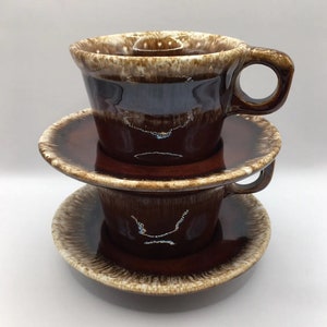 Vintage Hull Cup & Saucer Crestone Made in the USA Mirror Drip Glaze Set of 2
