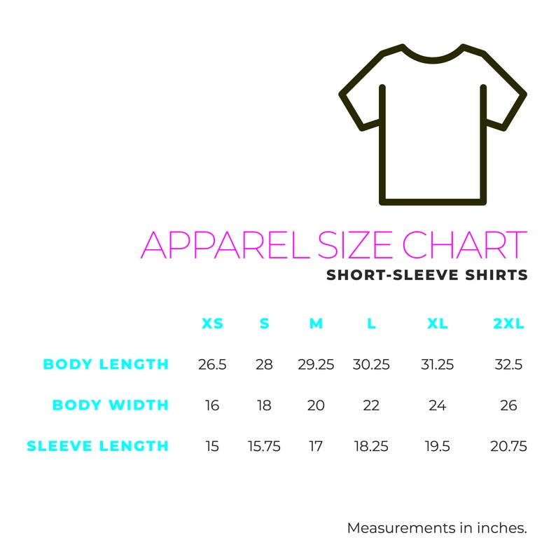 Puede incluir: Una tabla de tallas para camisas de manga corta con medidas en pulgadas para la longitud del cuerpo, el ancho del cuerpo y la longitud de la manga. Las tallas incluyen XS, S, M, L, XL y 2XL.