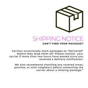 Puede incluir: Una ilustraci&oacute;n en blanco y negro de un paquete con un aviso de env&iacute;o que dice "SHIPPING NOTICE CAN'T FIND YOUR PACKAGE? Carriers occasionally mark packages as "Delivered" before they drop them off. Please contact your carrier if more than two hours have passed since you received a delivery notification. We also recommend checking any covered areas, porches, or with neighbours before contacting the carrier about a missing package."