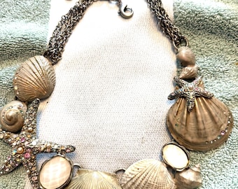 VTG SEASHELL Starfish Metal Enamel Crystal GG Necklace
