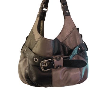Vintage ETIENNNE AIGNER PATCHWORK Leather Handbag Shoulder Bag Large Buckle Gray Black