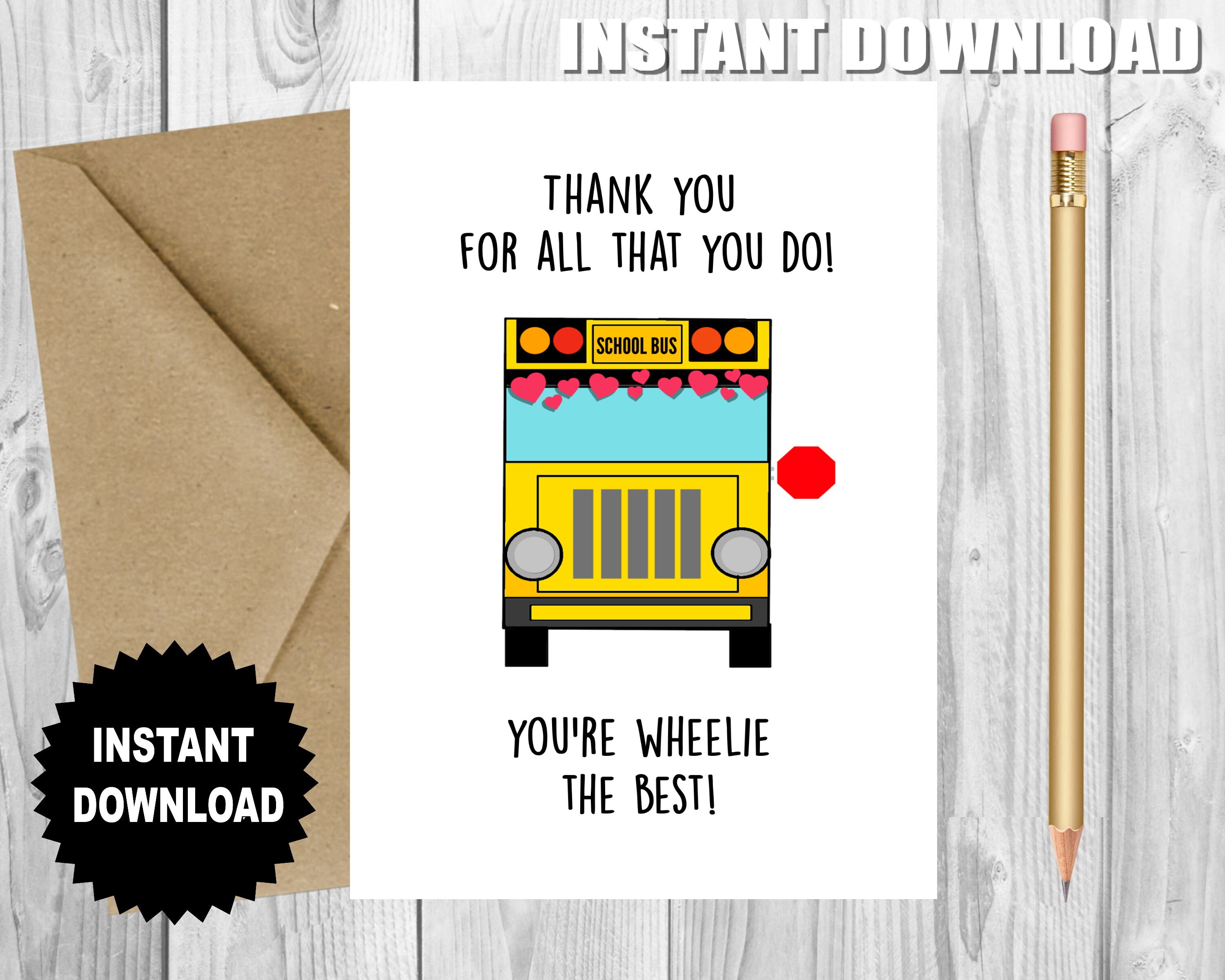 BUS DRIVER Thank You Card, School Bus Valentine, Instant Download, Bus ...