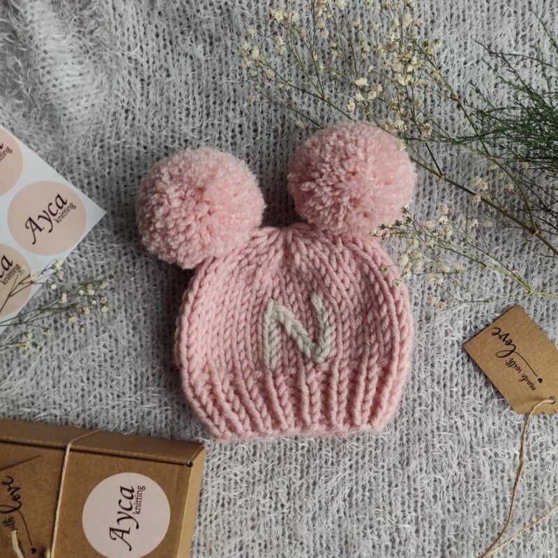 Knitted Beanie With Double Pom-Poms