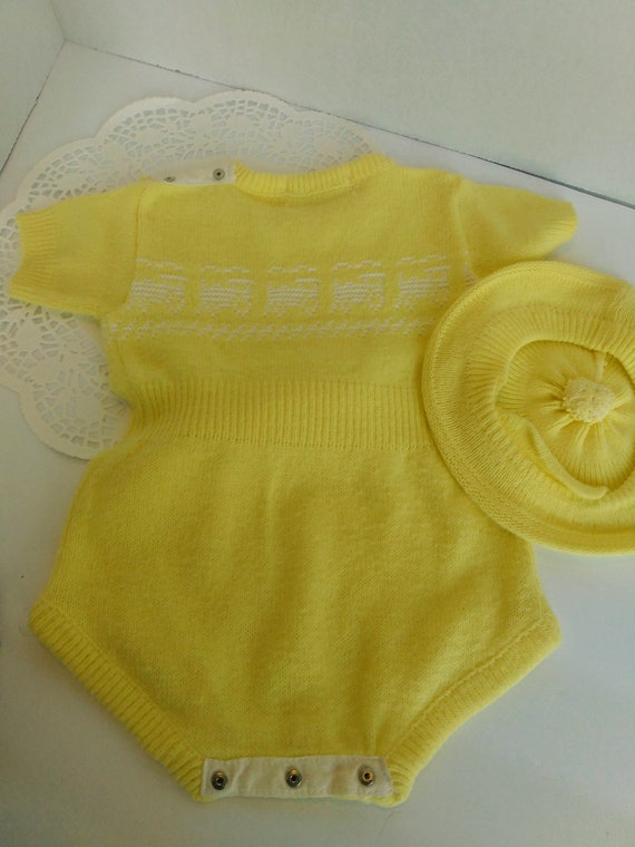 Vintage Infant Romper w/Cap Beret Knit Yellow - image 2