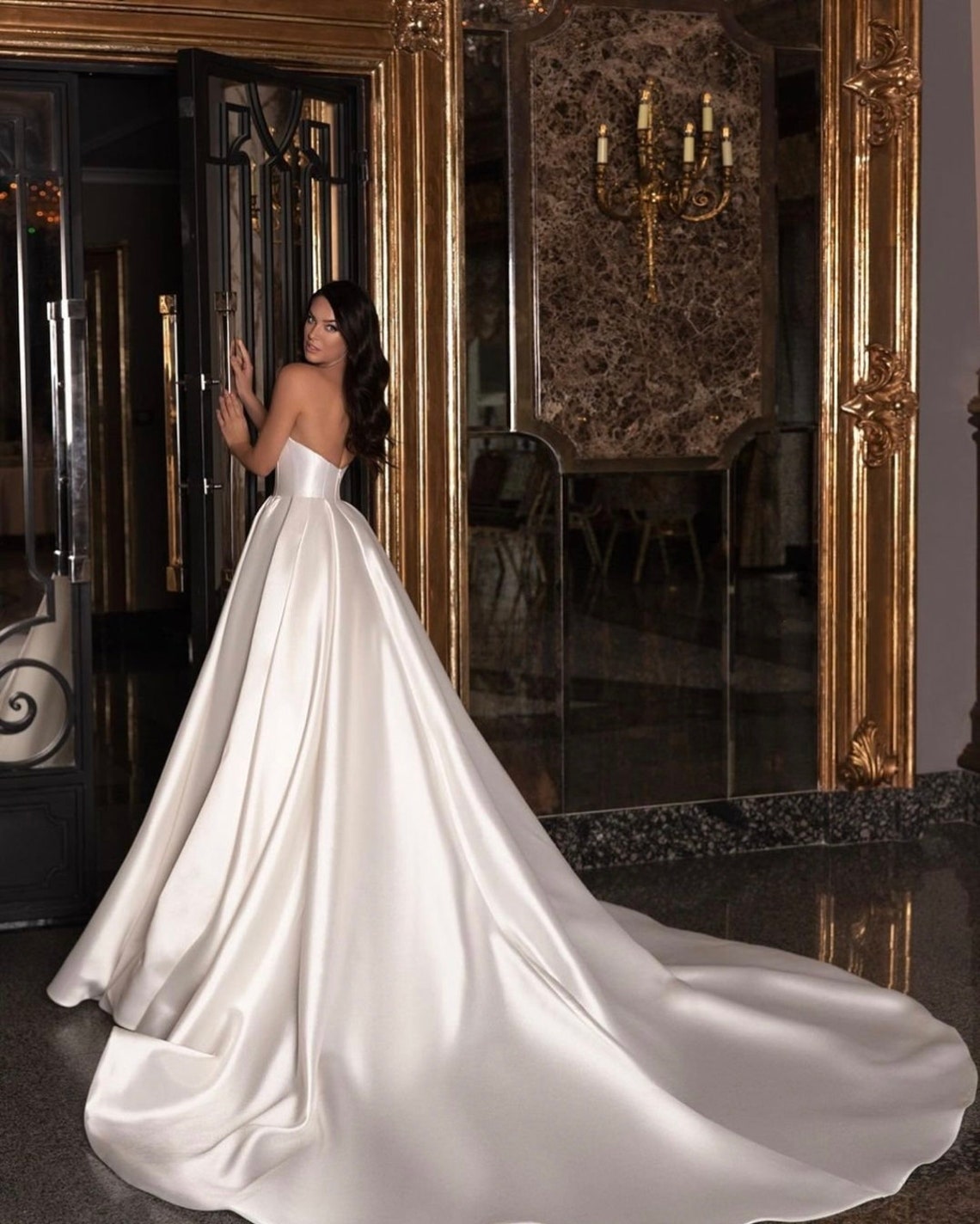 Elegant Satin A-line Bridal Wedding Dress with Ruched Skirt main image 0