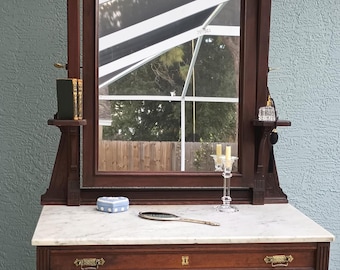 Antique 1878 Eastlake White Marble Top Dresser & Mirror or Entry Piece