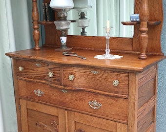 Antique solid Oak Dresser& Mirror with Top Carving 4 Drawers and Cabinet