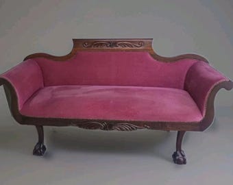 20th Century Velvet Settee Couch with Chippendale Ball and Claw Feet & Scrolled Arms