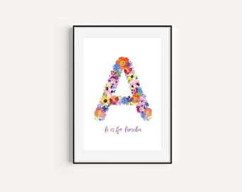 Floral Initial Name Print, Personalised Nursery Decor. Personalised gift.