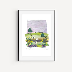 May include: Framed art print featuring a watercolor landscape with sheep. The artwork depicts a field with sheep, trees, and flowers under a purple and gray sky. The print is in a black frame.