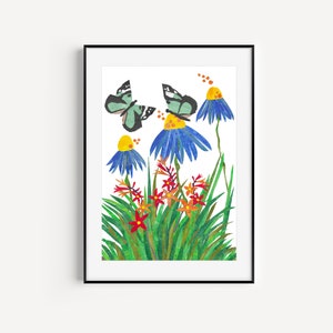 Kerry Summer Hedgerow, acrilico, grafica, collage, colorato, opera d'arte, stampa botanica e farfalla su carta d'archivio, regalo irlandese fatto a mano
