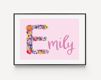 Name Print, Girls Flower Name Print, Personalised Name Print Wall Art, Christening Present, New Baby Gift, Nursery Print, Girl's Bedroom