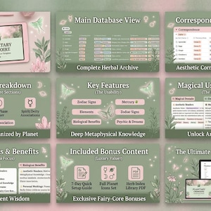 May include: A digital template titled Planetary Grimoire displayed on various devices, featuring sage green backgrounds with moth and crystal illustrations. It includes database views, correspondence tables, feature breakdowns, and bonus content guides.