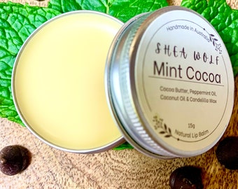 Delicious Mint Cocoa Natural Lip Balm handmade with Essential Oils and rich Cocoa Butter. Cruelty free & vegan friendly. Gift or self care