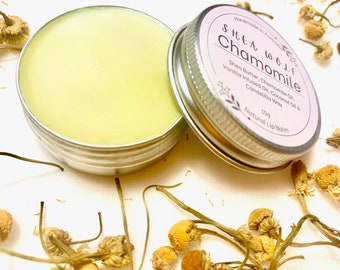 Calming Chamomile Natural Lip Balm handmade with Essential Oils and nourishing Shea Butter. Cruelty free & vegan friendly. Gift or self care