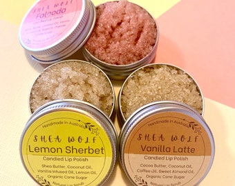 Nourish your lips with our vegan, handmade Candied Natural Lip Scrub. Shea Butter, coconut oil & essential oils for soft, moisturized lips!
