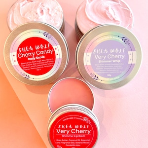 Indulge in the ultimate self-care set of Lip Balm, Body Butter & Scrub, enriched with nourishing butters and essential oils, handmade, vegan