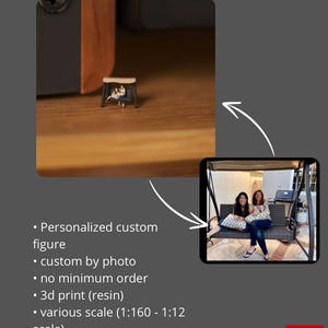 May include: A miniature resin 3D printed custom figure of two people sitting on a swing, displayed next to a photograph of the same two people on a full-sized swing. The text Custom Figure is visible at the top, with bullet points below.