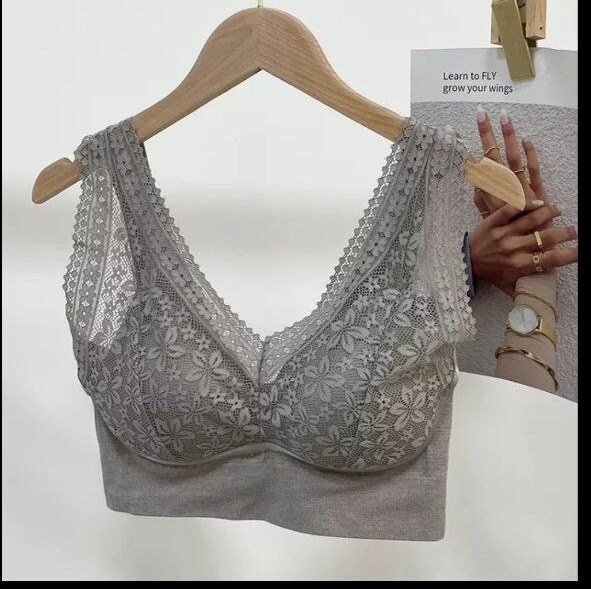 Fixed Cup Cotton Lace Bra With Built in Cups Pads No Underwire No Metal