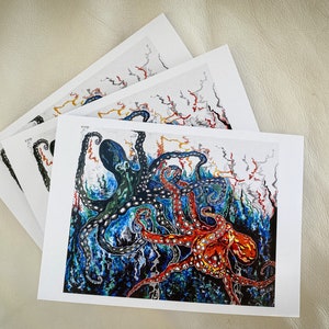 The Duel | Card for octopus lover, ocean beach art, gifts for octopus, cephalopod fans