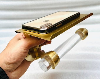 Brushed Brass Toilet Paper Holder with Shelf, Durable, Rustproof Wall Mount Bathroom & Kitchen Fixture, Lucite Toilet Paper Holder, Handmade