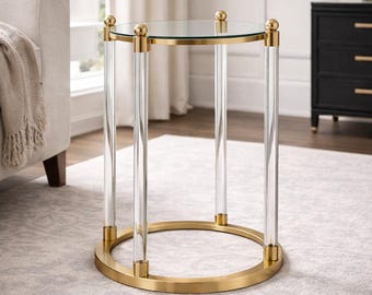 Brass Lucite Round Side Table: Modern Glass Accent Furniture