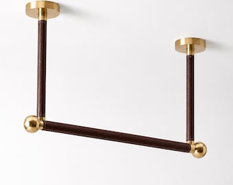 Leather & Brass Ceiling Clothes Rack | Custom Hanging Garment Rack | Solid Brass Wardrobe Rail | Luxury Closet Rod | Ceilin Clothing Rack
