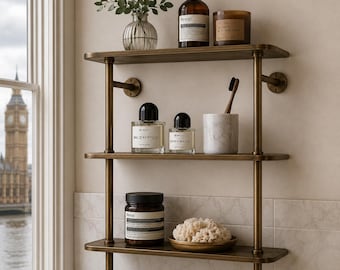 Handmade Brass Wall Shelf – 3 Tier Bathroom Shelf Mid Century Storage Rack, Floating Organizer, Towel Bar
