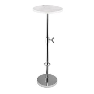May include: A modern, adjustable side table with a round white marble top. The table has a polished chrome finish, a central support column, and a circular base. The height is adjustable with a wingnut.