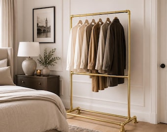 Solid Brass Garment Rack | Freestanding Clothing Rail | Modern Bedroom Organizer