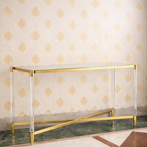 Handcrafted Brass & Lucite Console Table – Glass Top, Modern Entryway
