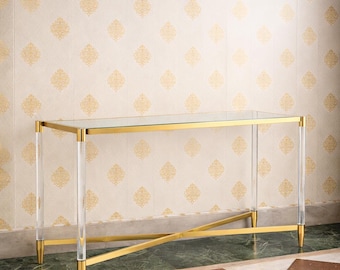 Handcrafted Brass & Lucite Console Table – Glass Top, Modern Entryway