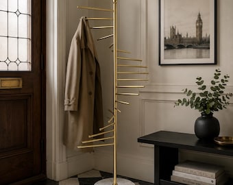 Modern Brass Coat Rack with Marble Base 72” Freestanding Luxury Coat Stand Minimalist Entryway Organizer Handmade Hall Tree Rack