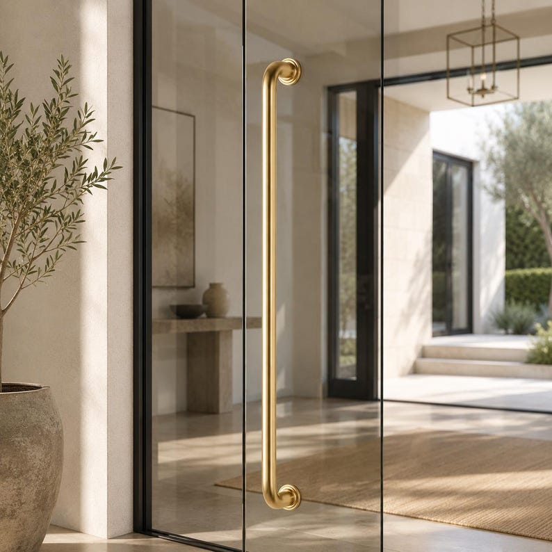 May include: A polished gold door pull handle, with a curved design, is fixed to a glass door. The handle has a smooth, cylindrical form with decorative, rounded ends. The door is part of a contemporary entrance, with a view of an outdoor space visible through the glass.