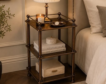Antique Brown Brass 3-Tier Shelf – Handmade Modern Nightstand, Luxury Storage Rack