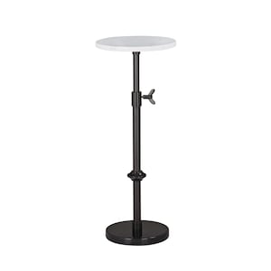 May include: A black metal adjustable side table with a round white top. The table has a round base and a central support column with a wingnut for height adjustment.