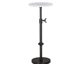 May include: A black metal adjustable side table with a round white top. The table has a round base and a central support column with a wingnut for height adjustment.