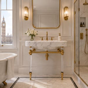 Puede incluir: Un lavabo de consola de mármol blanco con herrajes dorados y patas de acrílico transparente. El lavabo cuenta con un grifo dorado, un jarrón de cristal con flores blancas y un espejo rectangular. Se observa el Big Ben a través de la ventana.