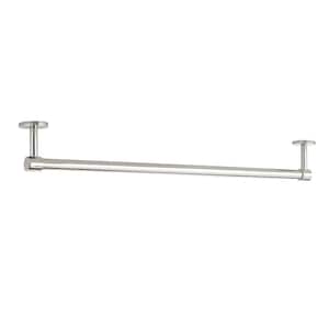 May include: A polished chrome ceiling-mounted clothes rod. The rod is straight and horizontal, with a circular mounting plate at each end. The rod is designed for hanging clothes and is suitable for a closet or dressing area.