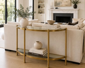 Solid Brass & Glass Console Table | Luxury Entryway Table | Modern Demilune Hallway Console | Handmade Brass Sofa Table | 42" x 14" x 30"