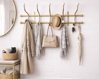 Solid Brass Wall Hook Rack – Entryway Organizer with 5 Double Hooks