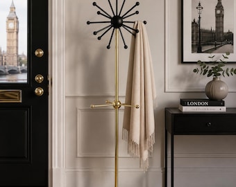 Mid Century Modern Brass Coat Rack Two Tone Black & Polished Brass Standing Coat Rack Sputnik Entryway Hat Coat Stand Luxury Floor Rack