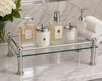 Luxury Solid Brass & Glass Vanity Tray with 6" Brass Legs | Tempered Glass Bathroom Counter Organizer | Modern Perfume, Jewelry Display Tray