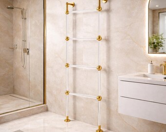 Brass & Clear Lucite Towel Ladder, Designer Wall Mounted Towel Holder for Modern Bathrooms