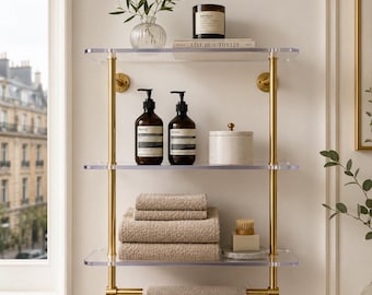 Solid Brass & Lucite Wall Shelf – 3 Tier Acrylic Bathroom Shelf, Luxury Brass Storage Rack, Modern Floating Organizer, Handmade Wall Shelf