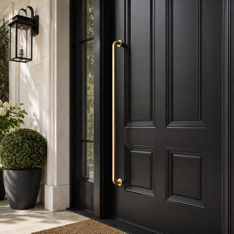 May include: A black front door with a long, gold-coloured handle. The door features a rectangular panel design. A black lantern hangs on the wall to the left of the door. A potted plant is visible on the left.