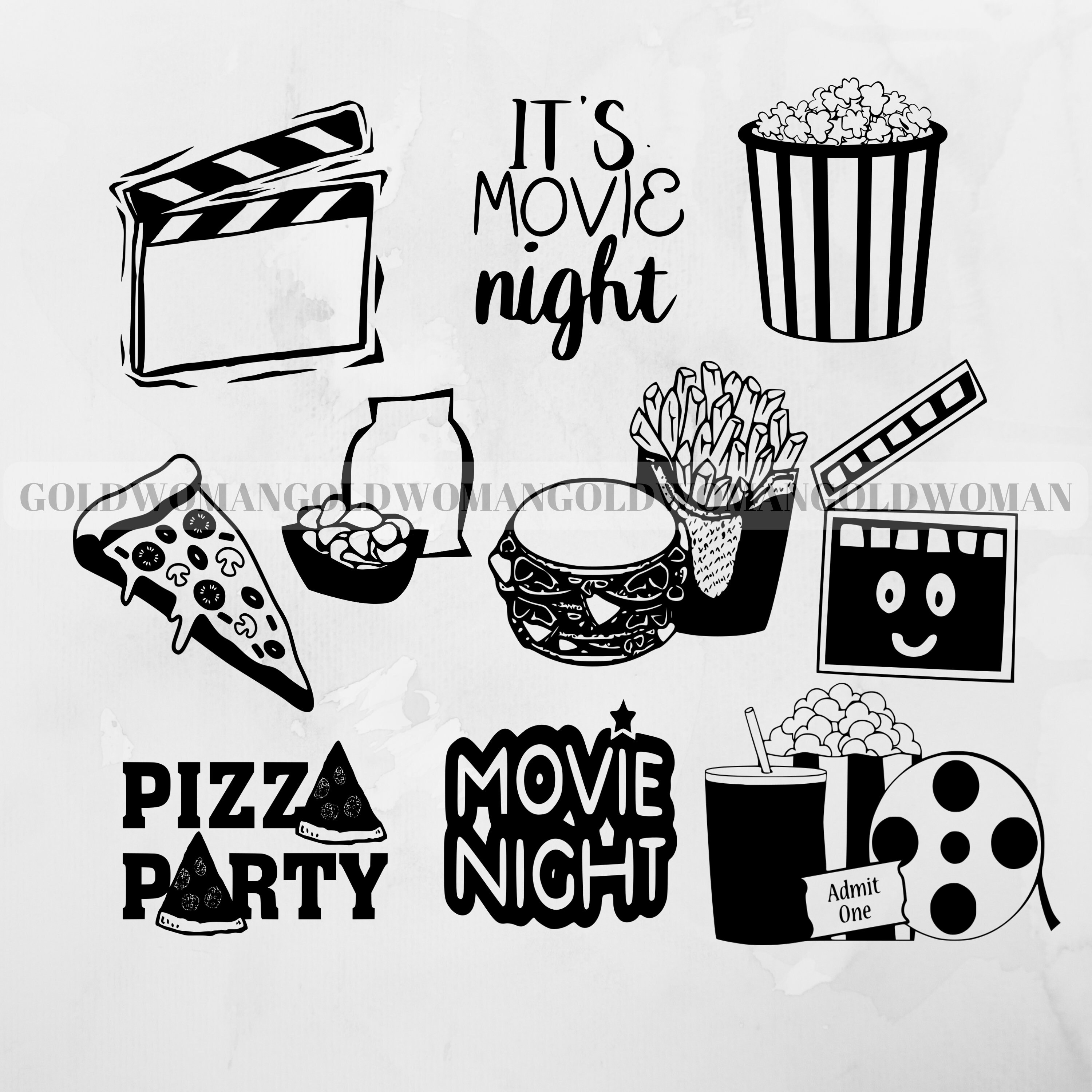 Movie Night SVG Bundle, Pizza Party Svg Clipart, Silhouette Popcorn Svg
